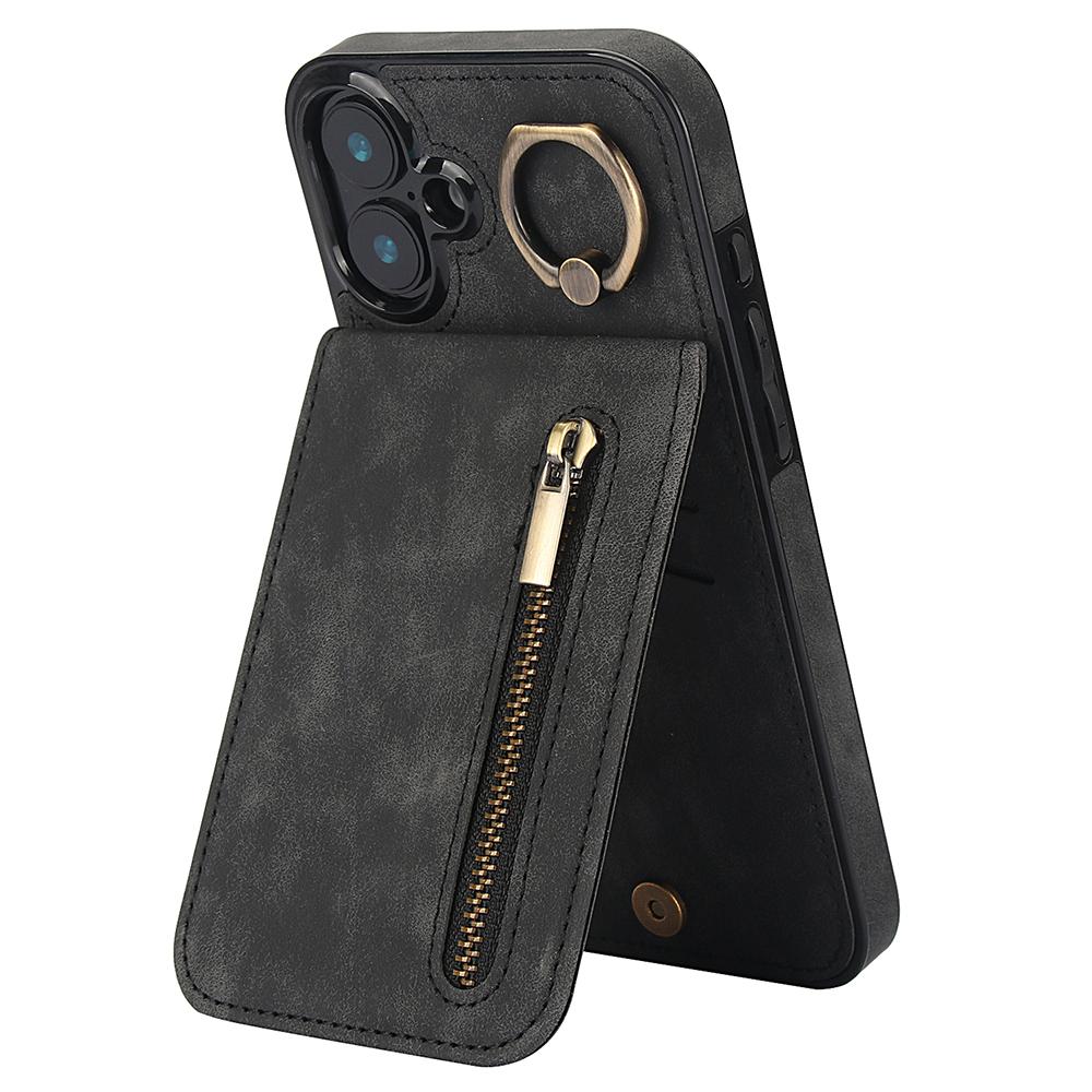 For iPhone 16 Plus Case RFID Blocking Ring Kickstand Retro Leather+TPU Anti-Fall Phone Cover