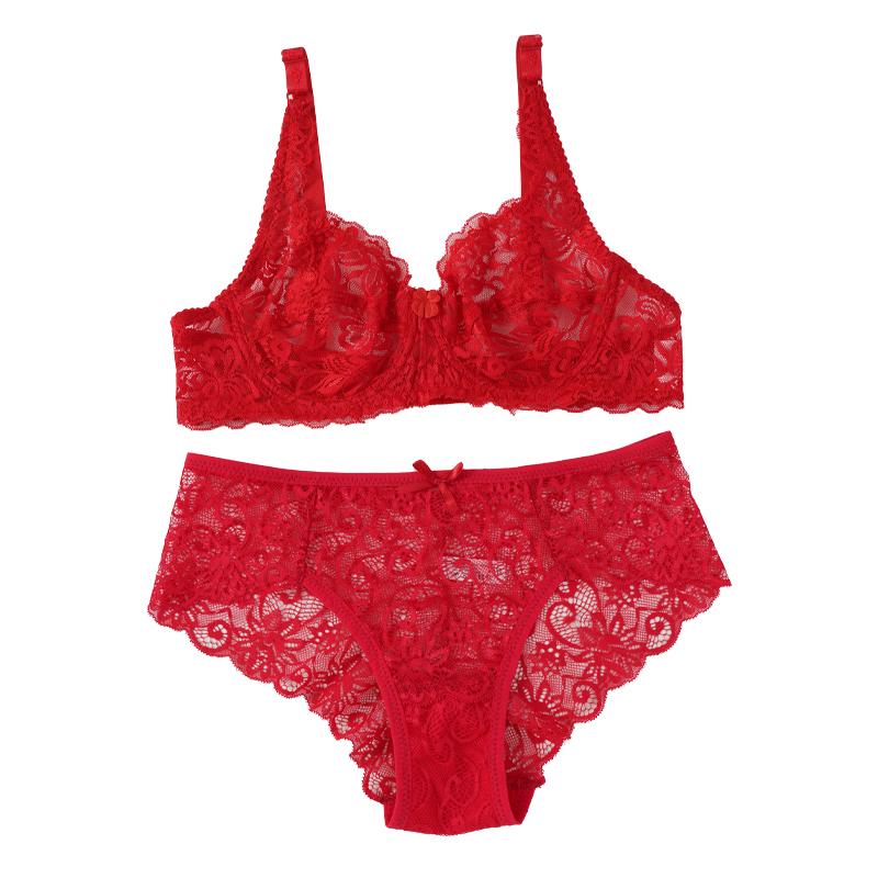 Women's Hollow Non-Padded Underwire Bra Sets 2PCS Sexy Ultra-Thin Lace Push Up Bra Panty Set for Women