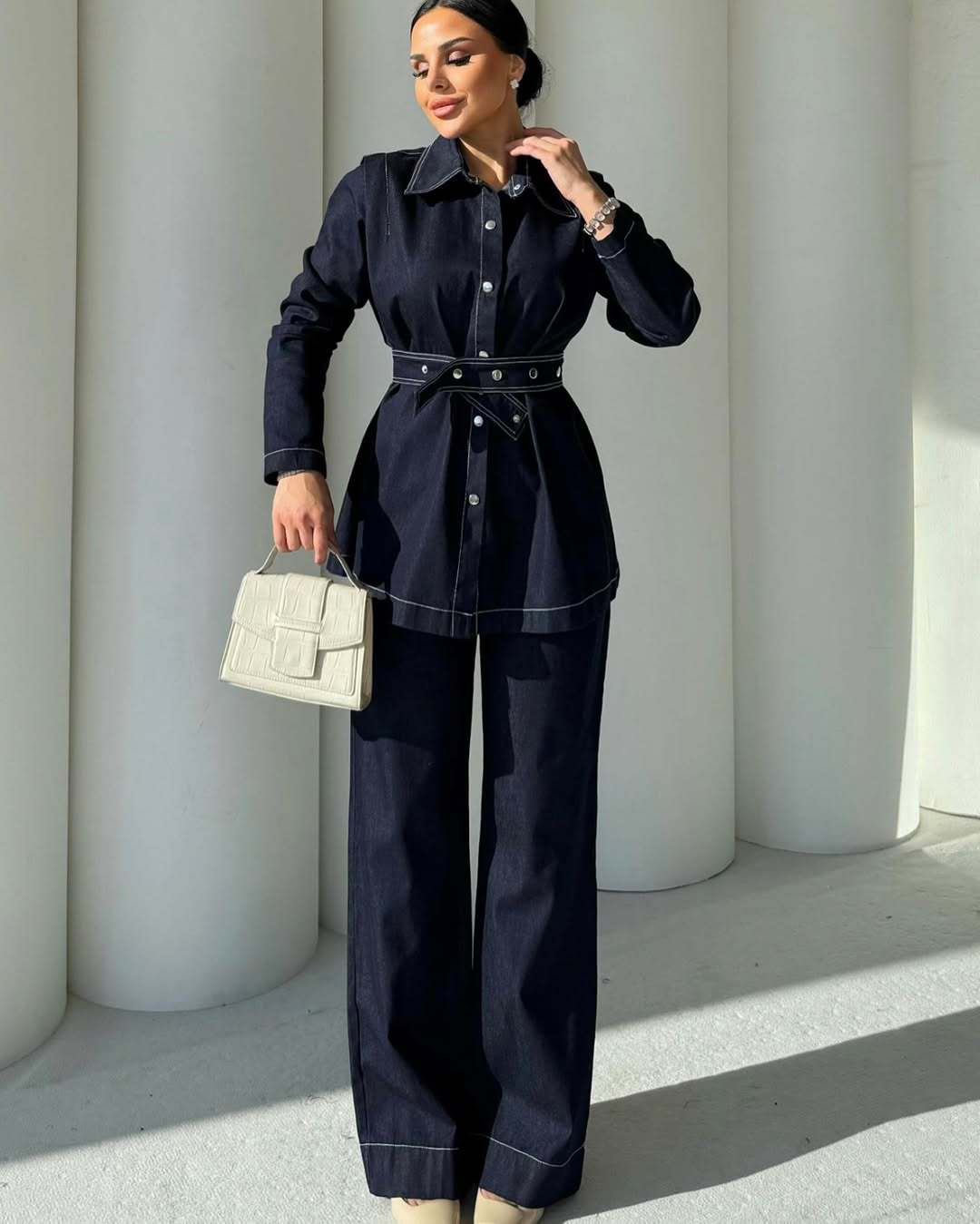 Women`s Blue Denim Shirt and Wide