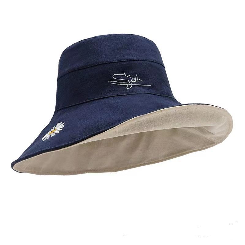 Sun Visor Embroidery Big Brim Fisherman's Hat Polyester Cotton Double-sided Daisy Sunscreen Female