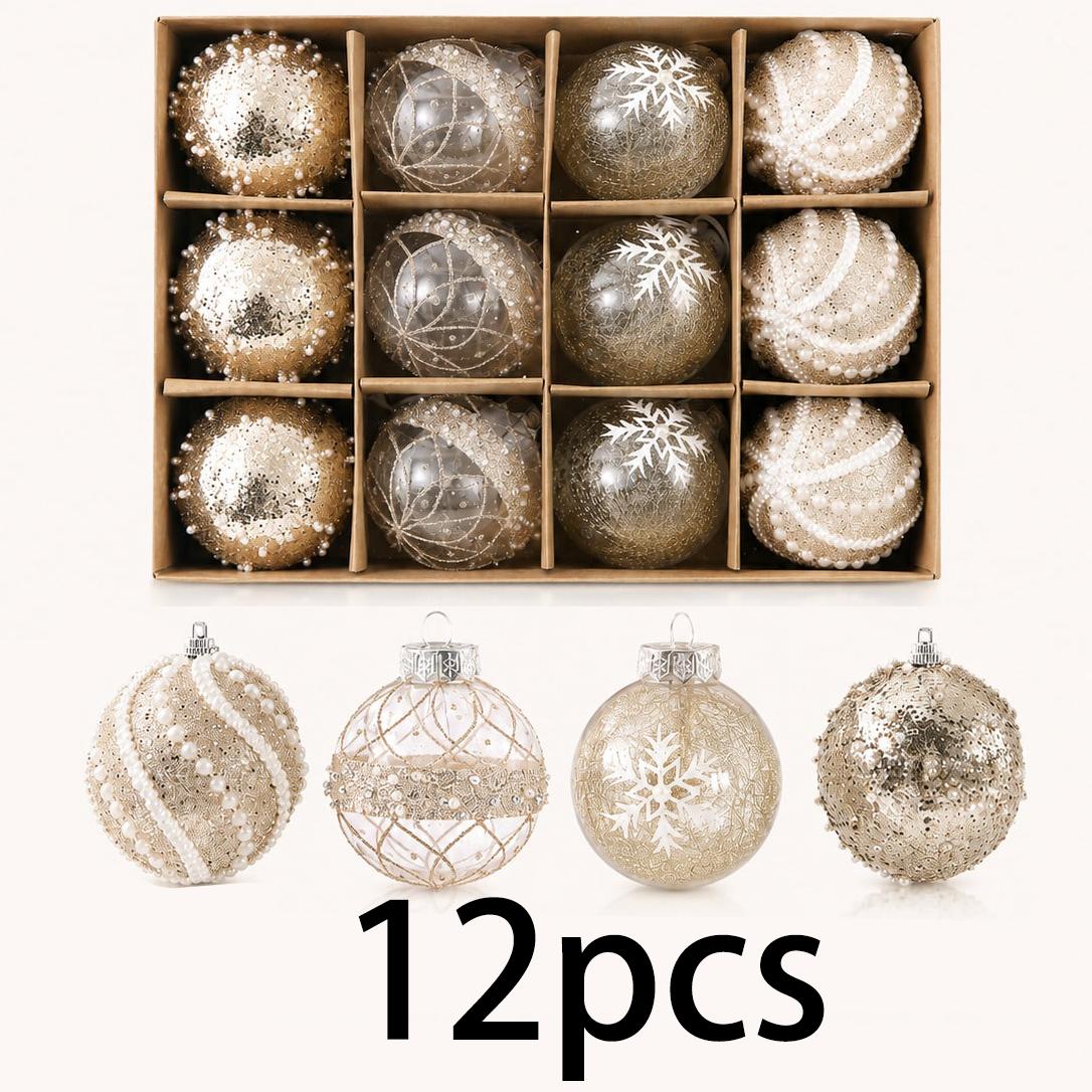 12 stuks 8 cm Champagne Goud Transparant Kerstbal Ornamenten 4 Stijlen Glitter Parel Sneeuwvlok Onbreekbaar Kerstboom Hangende Decoratie Other