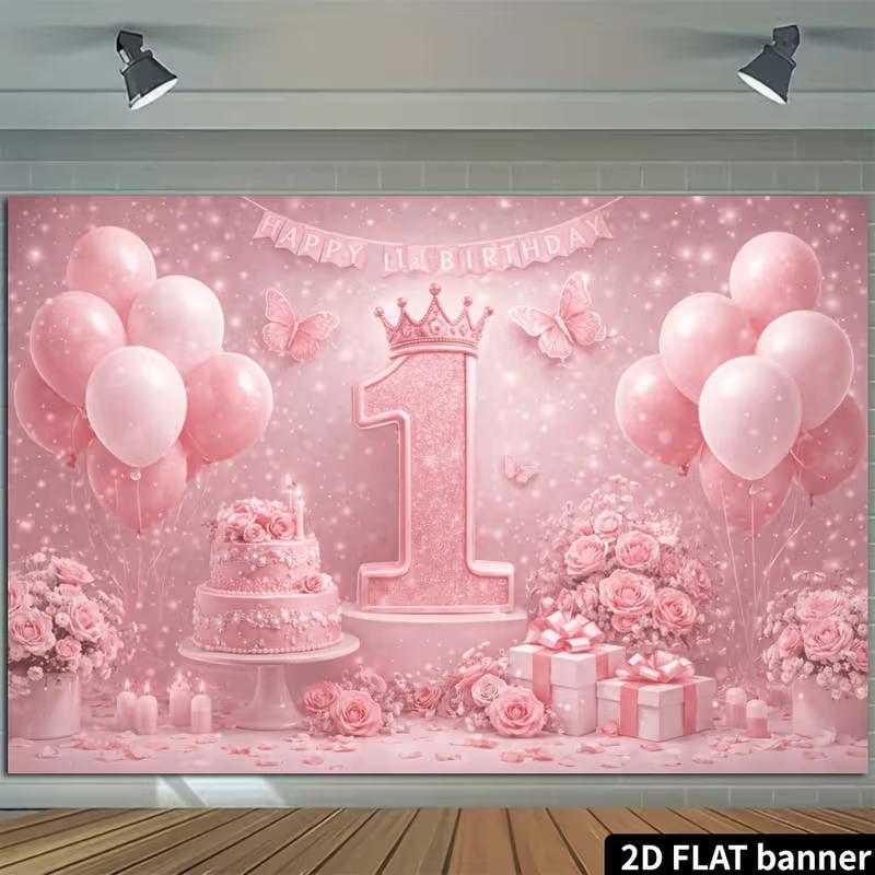 2D Pink Balloon and Cake First Birthday Backdrop Photography Background