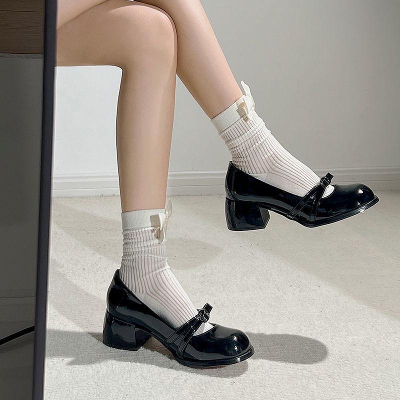 Fairy Style Black Mary Jane High Heels with Bow - Women's 2024 Fashion, All-Match, Comfortable Skirt Shoes