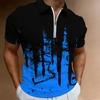 Women Short Sleeve Polo Shirt Blue Gray White Curved Wave Line Abstract Half Zip Lapel Top
