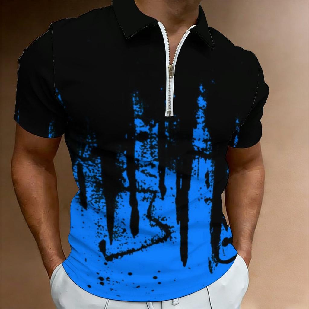 Women Short Sleeve Polo Shirt Blue Gray White Curved Wave Line Abstract Half Zip Lapel Top