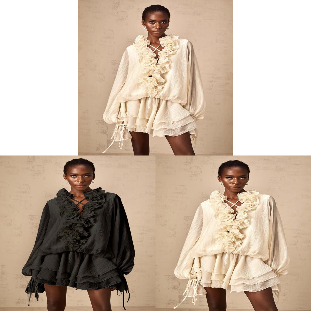 Elegant Summer A Line Dress Set With Geometric Pattern And Lantern Sleeves For Women