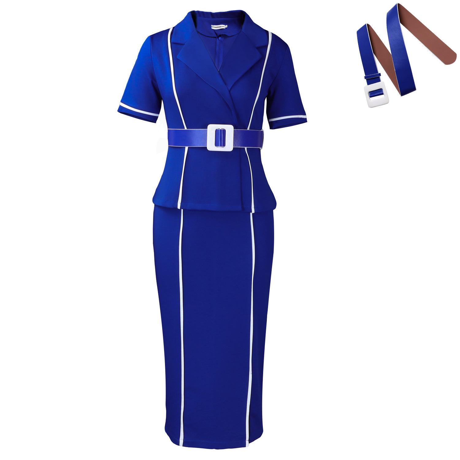 

Women s new fashion short-sleeved suit collar high waist ruffle edge O dress XXXL