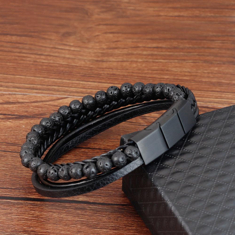 Punk Men Braid Bracelet Multilayer Leather Natural Stone Beaded Bangle Stainless Steel Magnetic Clasp Male Jewelry