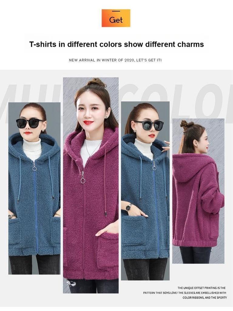 Solid Color Lamb Wool Fleece Hoodie Women's Thick Winter Loose Korean Style Teddy Fleece Zip-Up Casual Coat