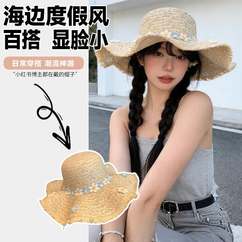 Summer bow raffia big brim straw hat women's new summer outdoor seaside beach sunshade sun hat