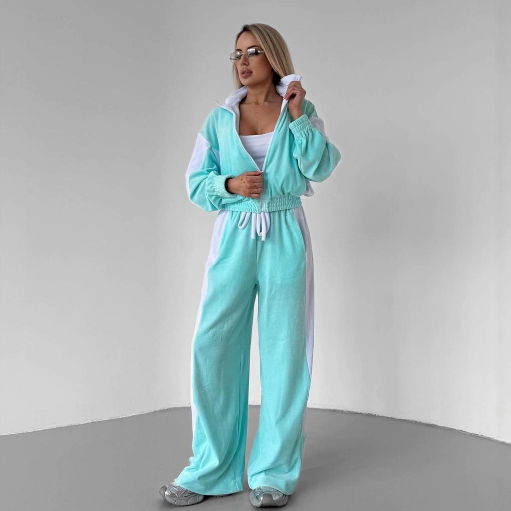 European and American velvet color matching two-piece set stand-up collar zipper jacket elastic drawstring wide-leg pants set women
