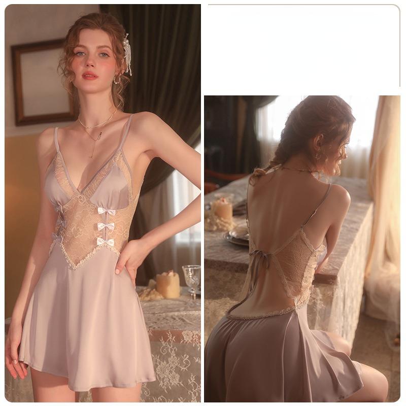 Sexy ryggløs forførende dyp V komfortabel pyjamas sløyfe stropp pyjamas kjole hjemme dress