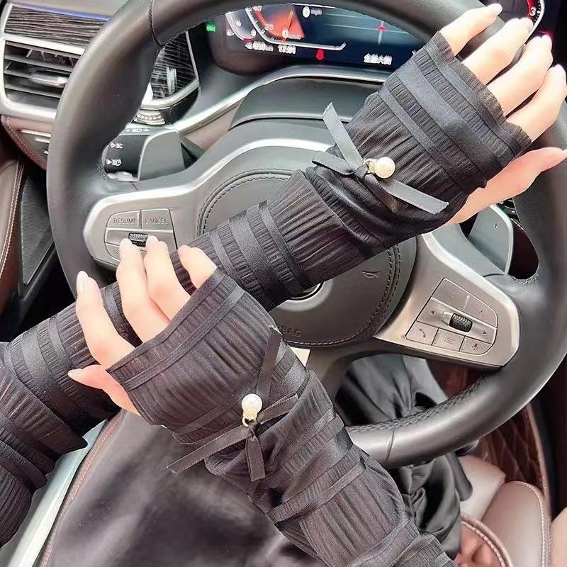 Women's UV Protection Sun Sleeves Ice Silk Arm Covers With Faux Pearl Bow Detail  Summer Outdoor Cycling Driving Loose Fit Casual Style