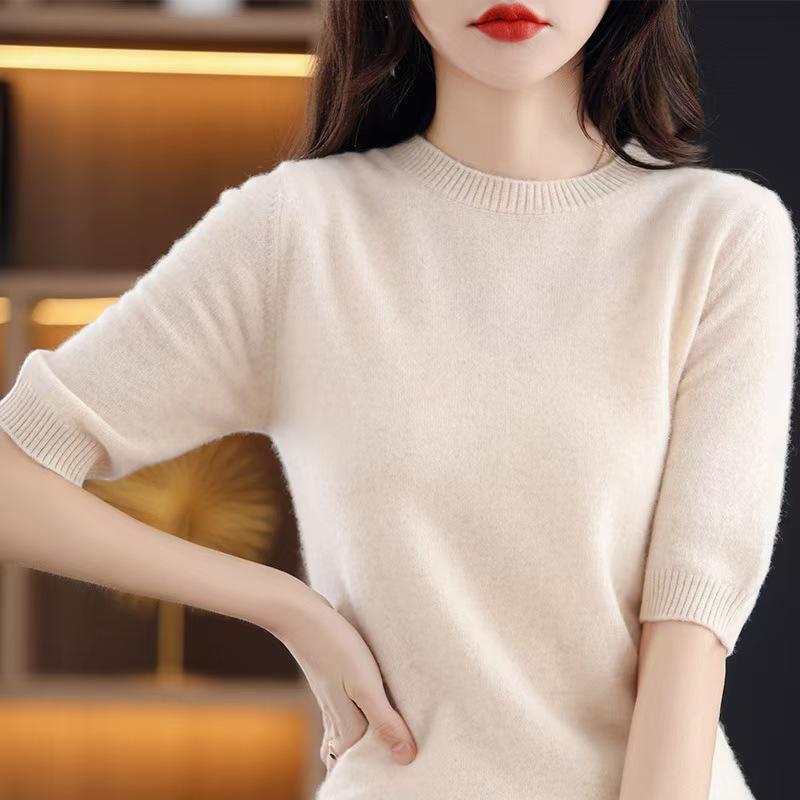 Loose Women's Round Neck Short Sleeve Knitted Sweater T-Shirt Base Layer Spring Autumn Short Top