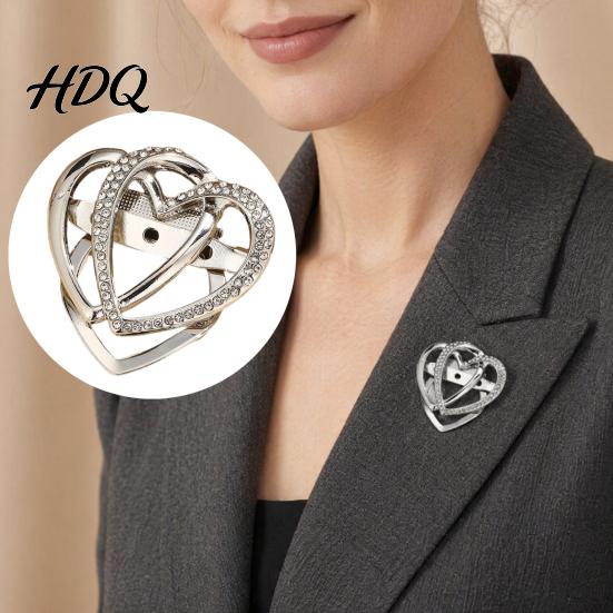 Scarf Fastening Pin Double Layered Love Heart Brooch Rhinestone Lapel for Men Heart-shaped Brooch Women Decorative Badge Clothes Bag Hat Suits