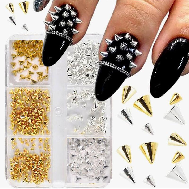 1box 3D Mini Metal Punk Nail Art Studs 1.5-3mm Black Silver Cone Rivets Nail Charms Mixed Size Shiny Gothic Nail Gems DIY Crafts