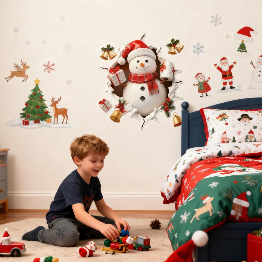 3D Christmas Wall Stickers Holiday Home Decoration Removable Santa Removable Reindeer Decoration Christmas Wall Stickers Decor