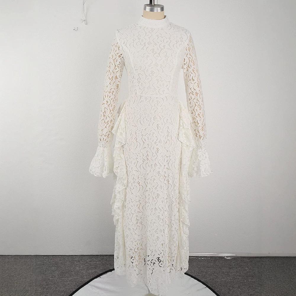 Otoño nuevo vestido largo de encaje elegante para mujer francesa mangas de cuerno mangas largas de encaje cintura