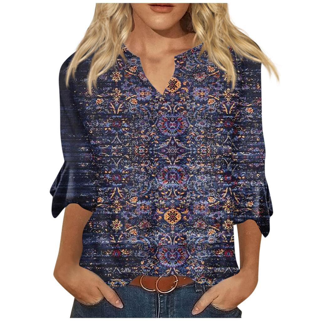 Women's Top Loose Casual V-neck Printed Blouses Bell 3/4 Sleeve T-shirt
