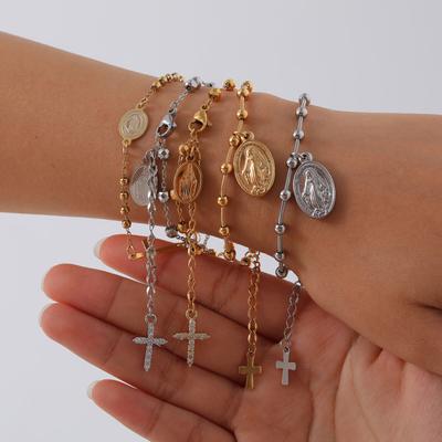 Vnox Stainless Steel Rosary Bracelet For Women Men,Religious Cross Virgin Mary Accessories Chain Bracelets,Christ Jesus Jewelry