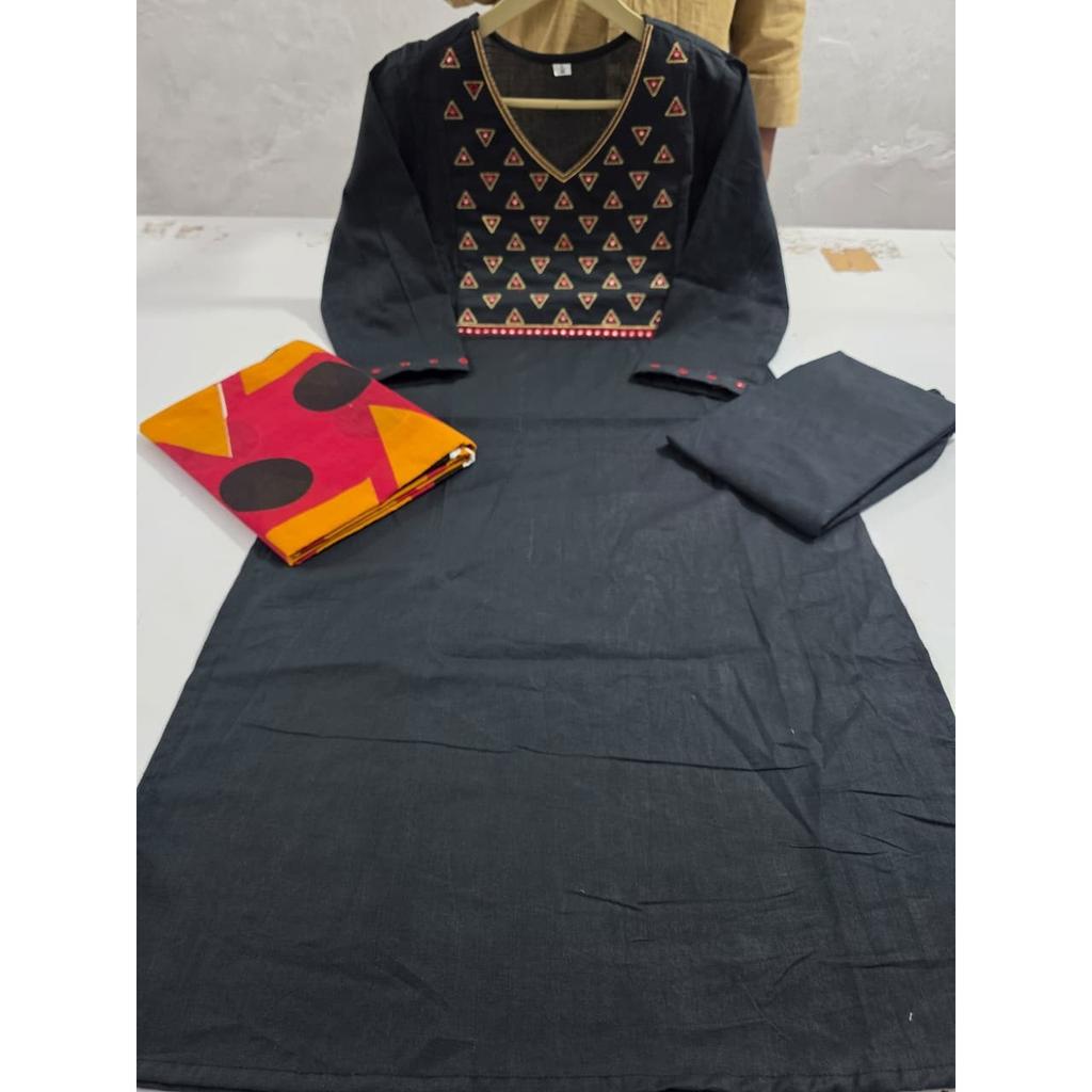 Black Heavy Embroidery Cotton Salwar Kameez Women Wedding Wear Kurti Pant Set