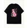 White T Shirt With Pink Cat Rose And Heart Print For Casual Wear