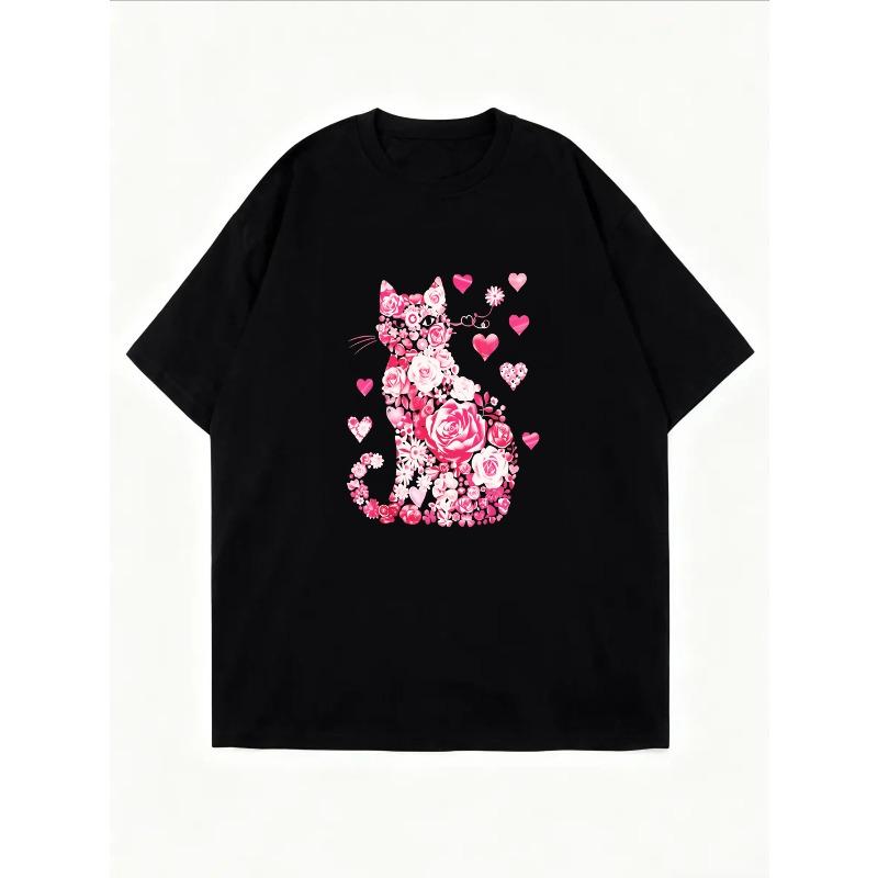 White T Shirt With Pink Cat Rose And Heart Print For Casual Wear