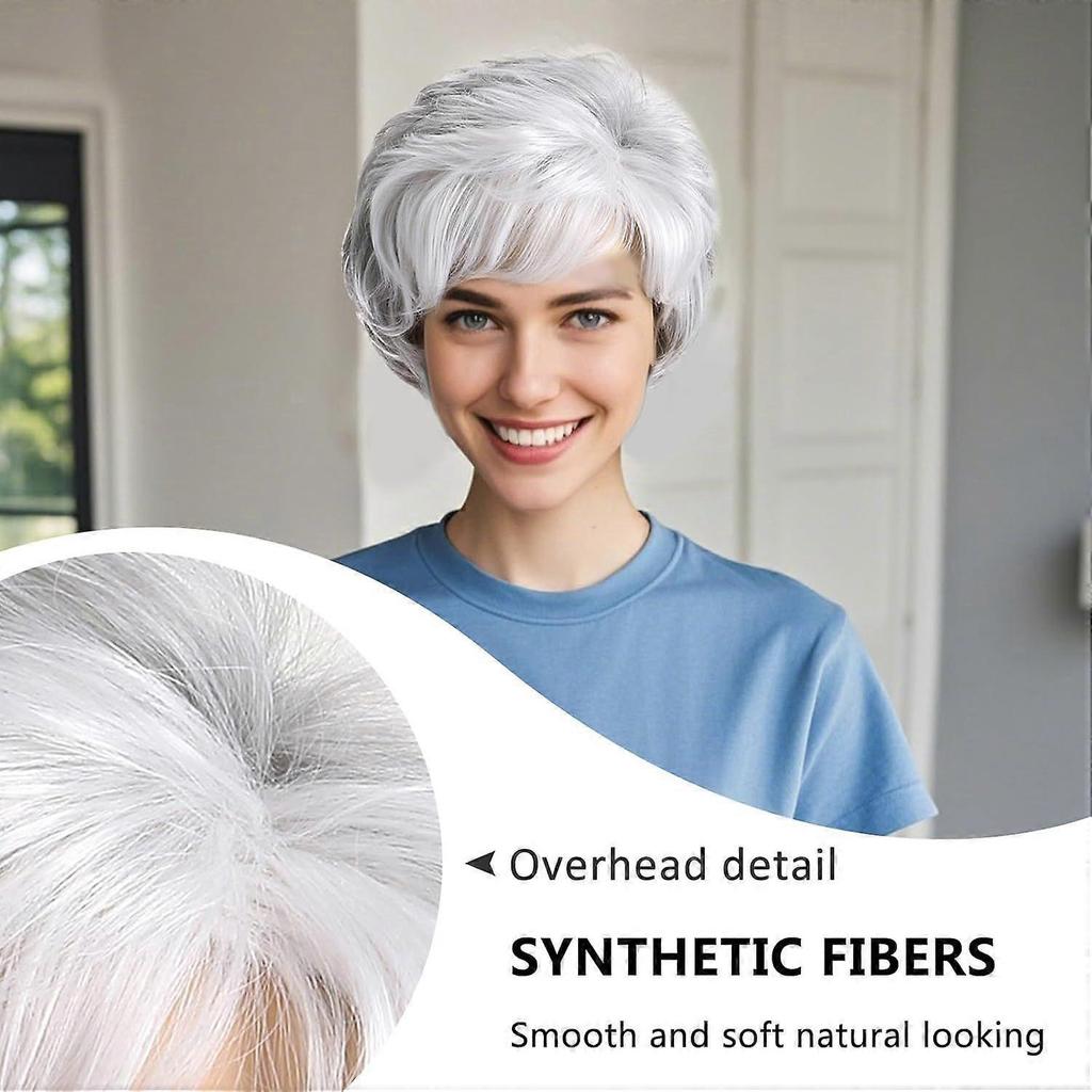 Short Grey Wigs for Older Women Layered Curly Grey Wig with Side Part Bangs