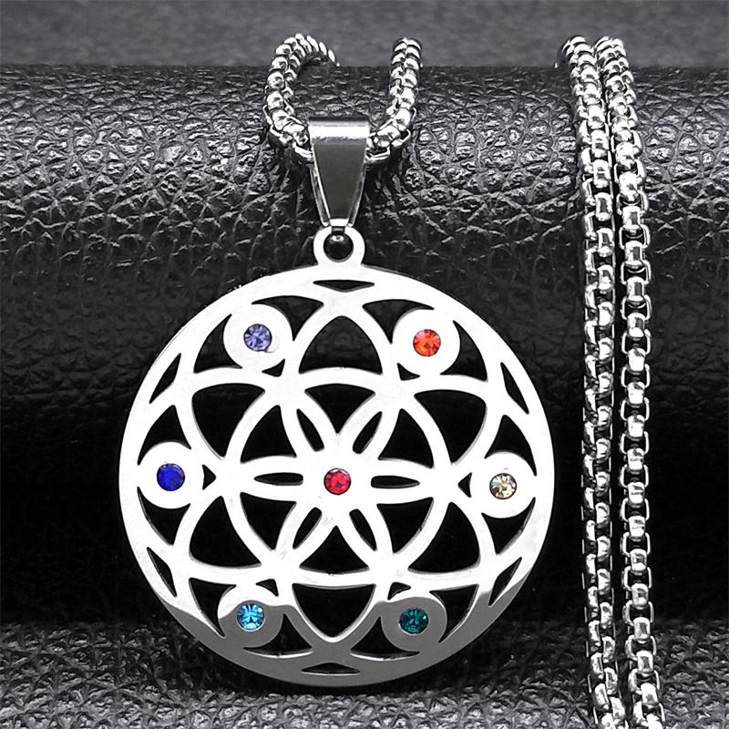 Sacred Geometry Seed of Life 7 Chakra Necklace for Women Men Stainless Steel Aesthetic Flower Chain Jewelry collier N9726S02