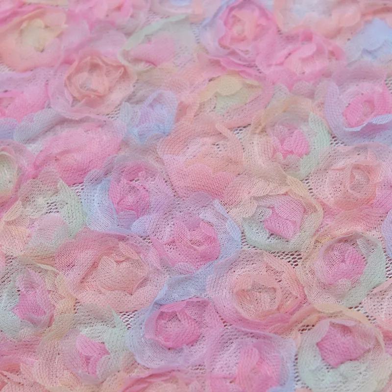 Encrypted Seven-Color Embroidered Silk Georgette Fabric Hollow Out Rose Peony Flower Wedding Dress Mesh Embroidery Material