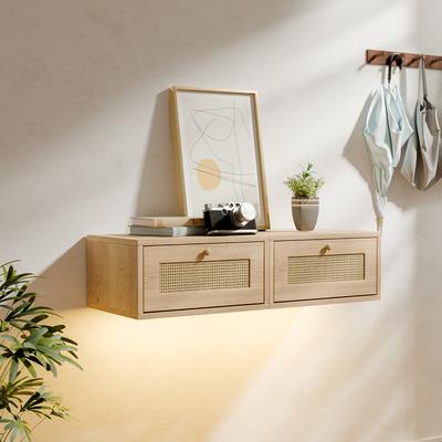 2 Stück Wand-Nachttisch mit Licht Schwebender Nachttisch 1 Schublade Glatte Auszug Holzschreibtisch für Schlafzimmer Wohnzimmer Enger Raum