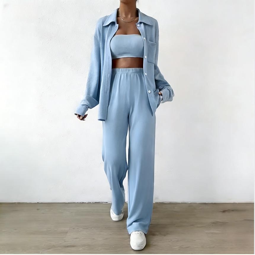 

High-Waisted European & American Women s Autumn Long-Sleeve Shirt Set with Long Pants and Lapel - New Niche Style Casual Wear XL небо синє кольору