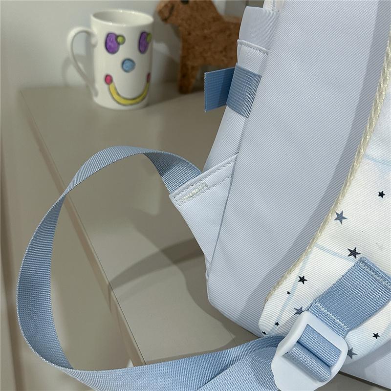 Cute Star Print School Backpack Lightweight Nylon Zipper Daypack with Clear Pocket for Teen Girls Daily Travel