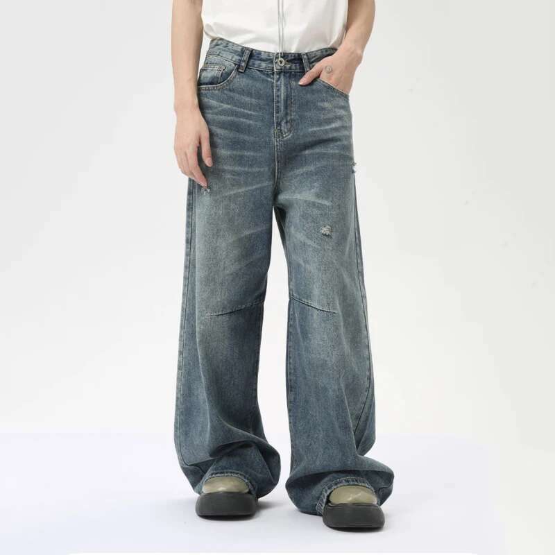 American Style Men's Denim Pants Washing Fashion Loose Men's Straight Trousers Casual Wide Leg Jeans