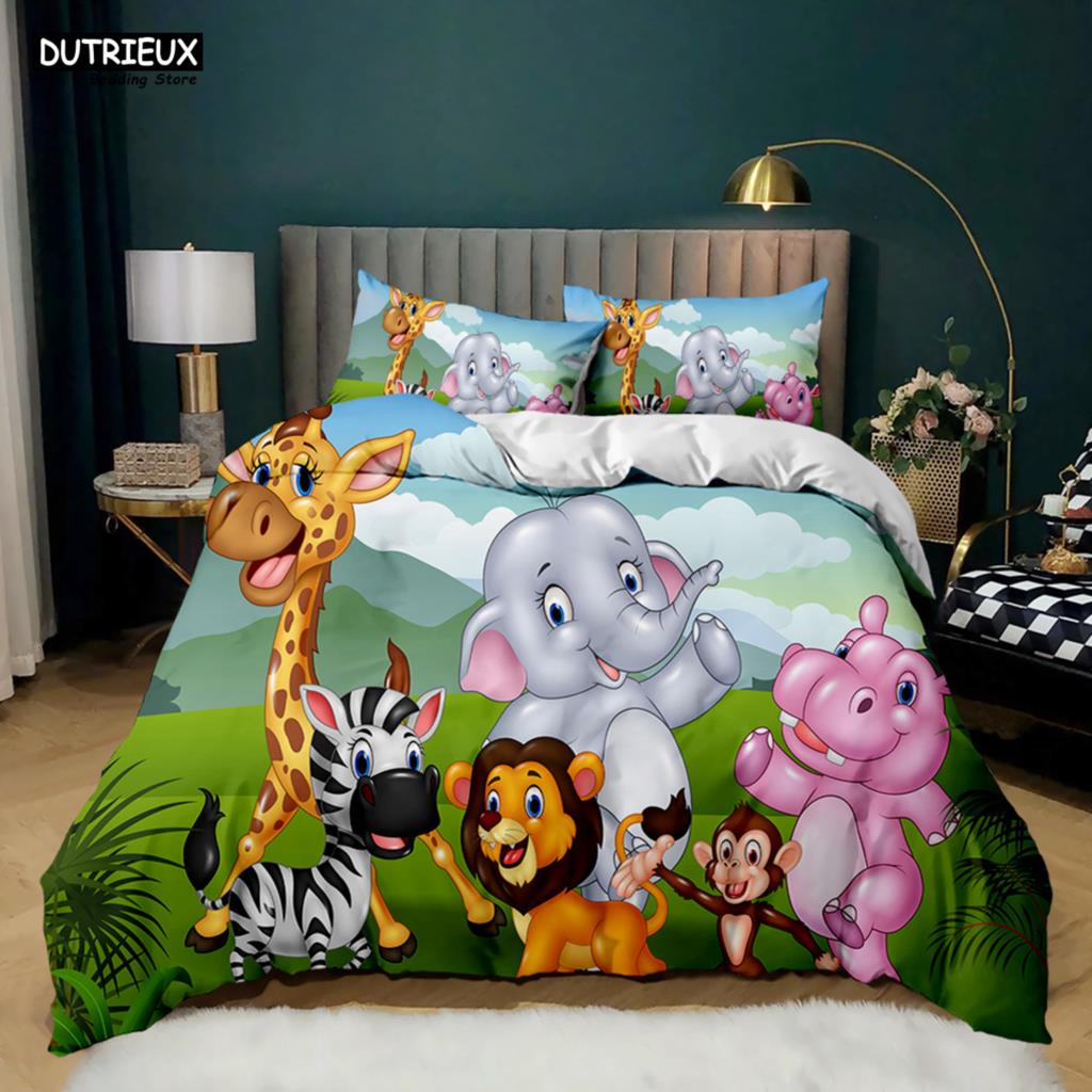 Elephant Comforter Cover Cute Cartoon Animal Paradise Bedding Set Boys Girls Kids 3D Animal World Queen Polyester Duvet Cover