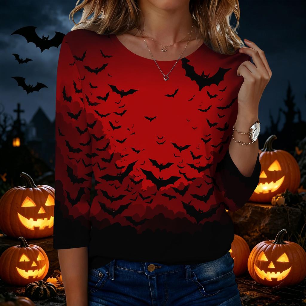 Women's Casual Halloween Print Round Neck Three Quarter Sleeve T Shirt Top Lightweight Comfortable Fit for Fall and Seasonal Wear