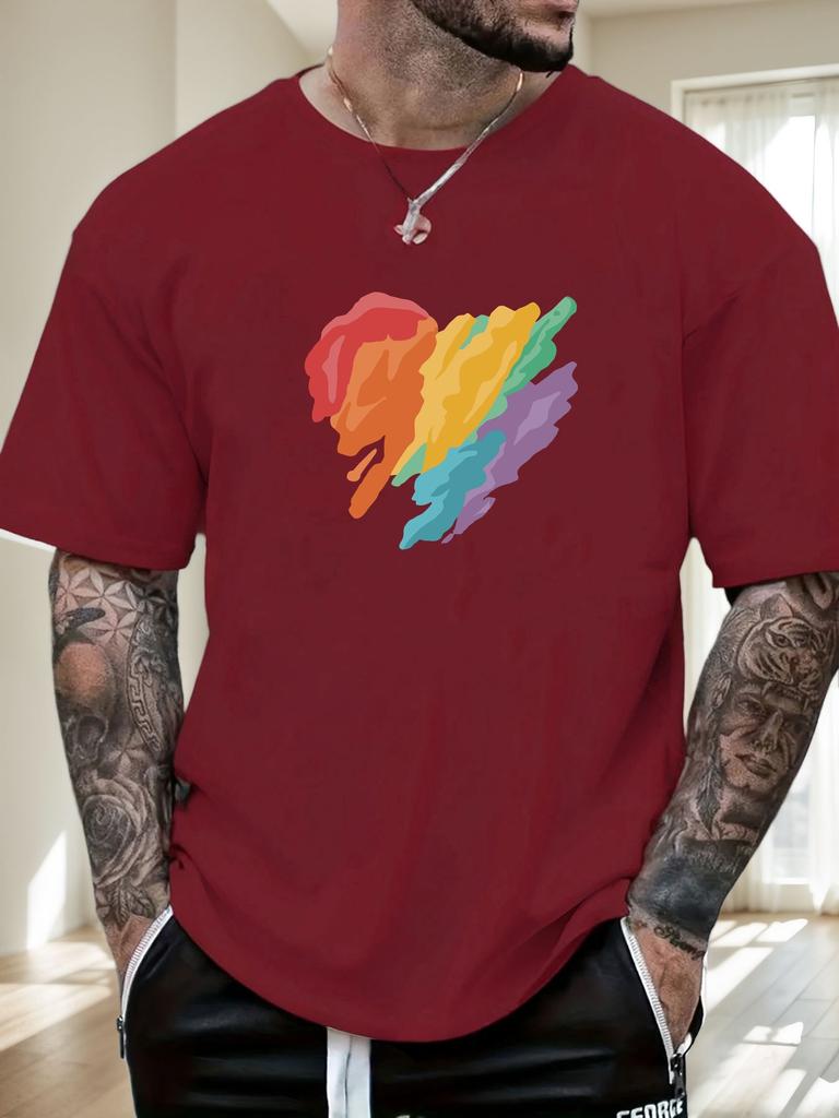 Mens Casual Tshirt Rainbow Heart Print Short Sleeve Round Neck Breathable Soft Oversized Vibrant Daily Wear Tee