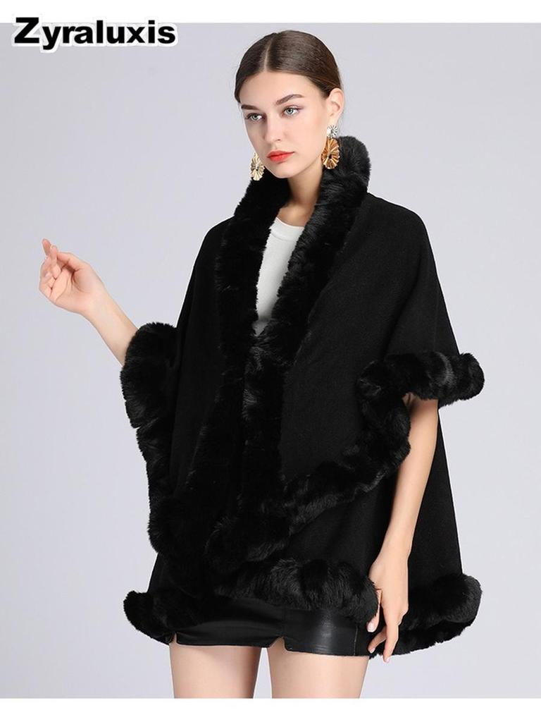 Women's Oversized Knit Poncho with Rabbit Fur Collar with Sherpa Lining for Fall Winter