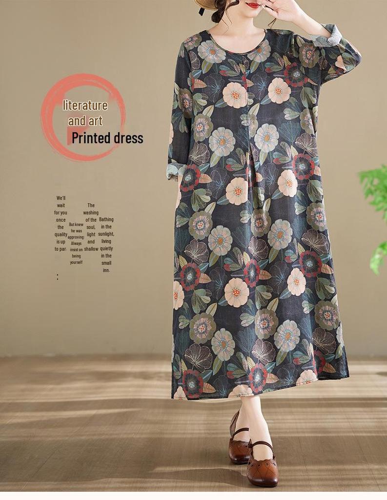 Spring 2026 New Style Plus Size Printed Long-Sleeved Dress with Round Neck