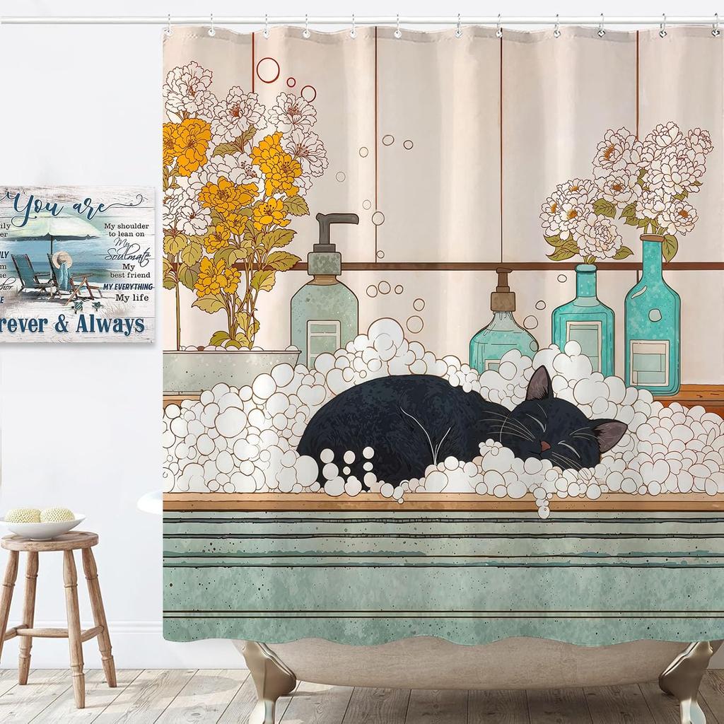 Peaceful Cat Shower Curtain Set Sleeping Feline Art Waterproof Bathroom Shower Curtain Serene Window Scene Print Cozy Home Decor