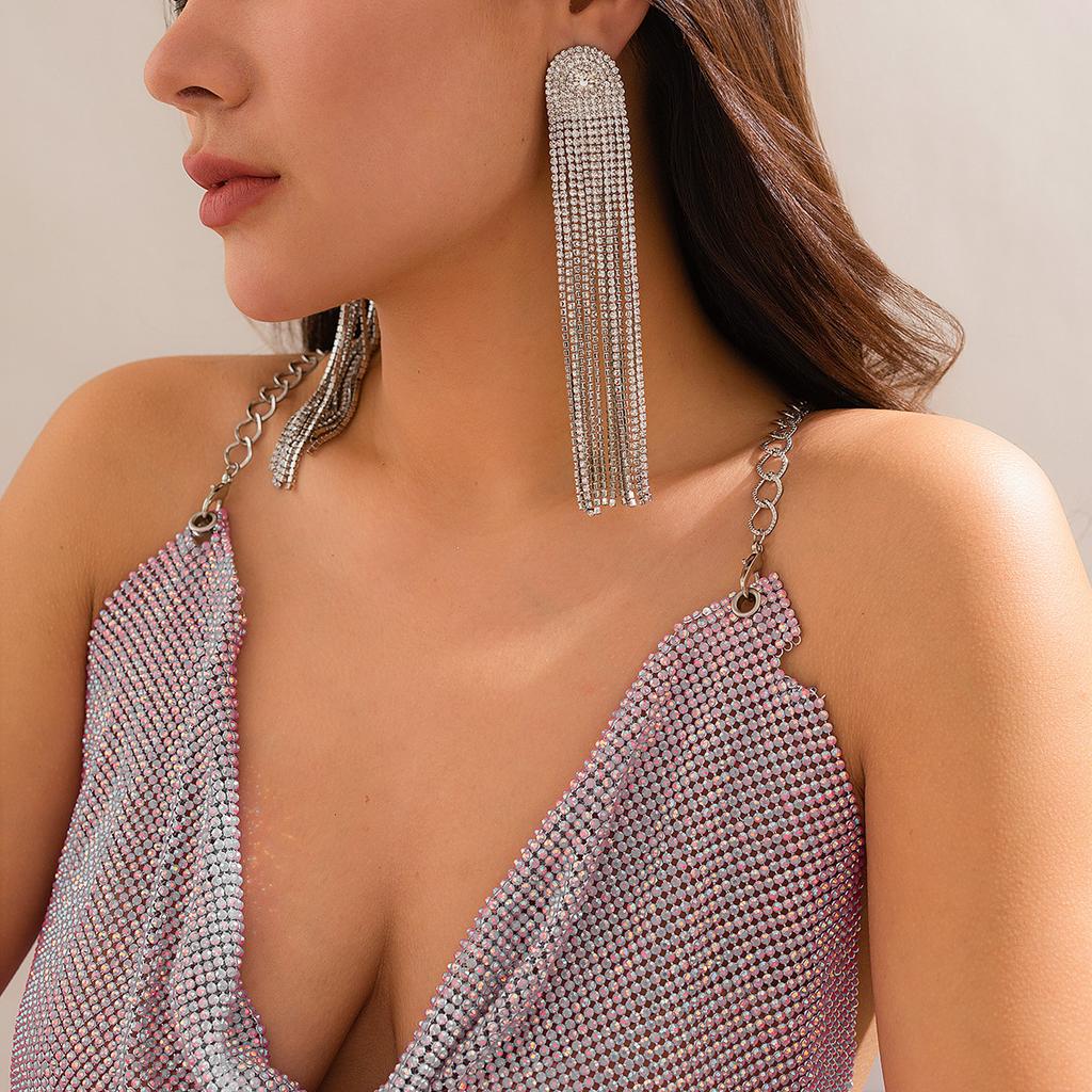 Light Luxury Diamond-Encrusted Tassel Chain Stud Earrings For Women, Fashionable And Exaggerated Long Full Diamond New Year'S Earrings