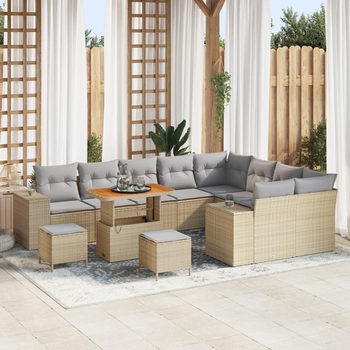Ensemble de canapé de jardin de 12 pièces avec coussins beige en poly rotin, Set de salle à manger de jardin 3 pièces 3362047