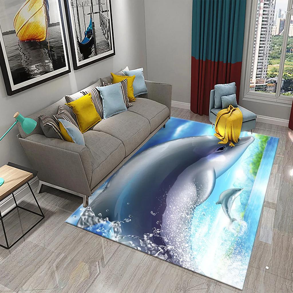 3D Fantasy Dolphin Carpet for Living Room Bedroom Kids Rug Dolphin Series Carpet Hallway Floor Mat Bathroom Kitchen Non-slip Rug