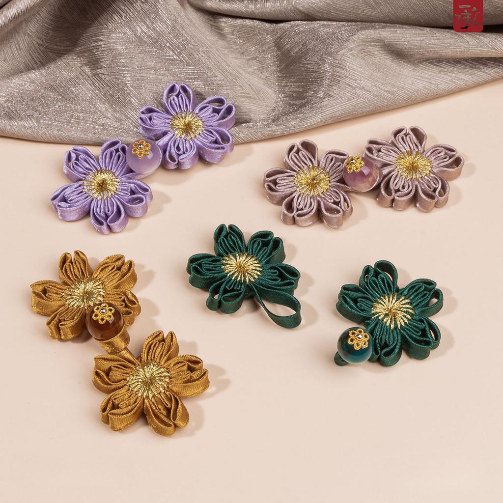 5Pairs Qipao Knot Buttons, Chinese Style Fabric Knots with Pearl Beads Cherry Blossom Design for Modern Cheongsam