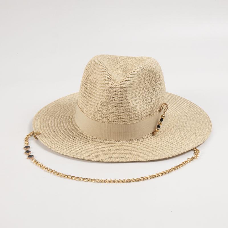 Eleganti Cappelli Panama di Paglia con Catena di Conchiglie Cappello a Tesa Larga Protezione Solare Moda Vacanza Cappelli da Sole da Spiaggia Berretti da Donna