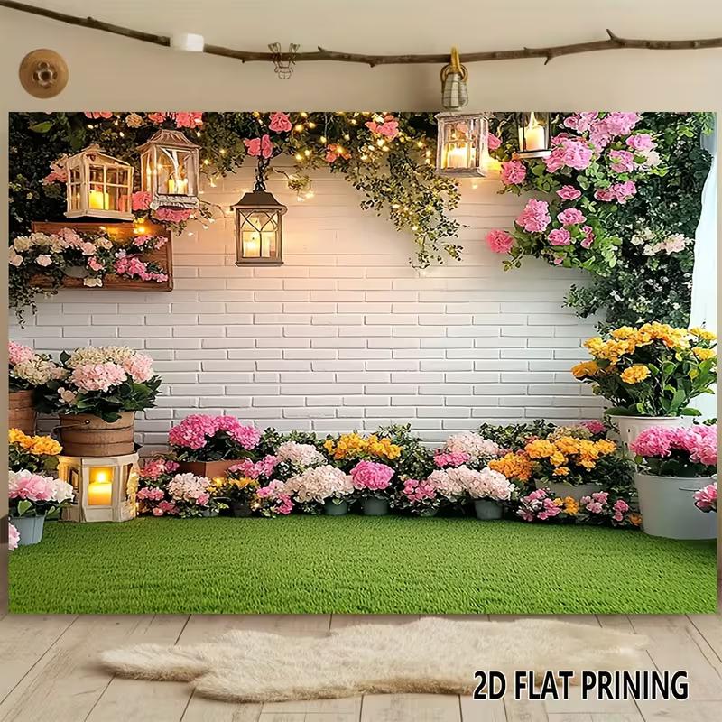 2D White Brick Wall with Flowers, Lanterns & Green Grass Studio Background