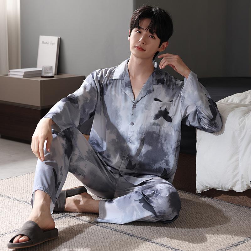 Pajamas Men'S Spring And Autumn Ice Silk Long Sleeve Thin Summer Simulation Silk Four Seasons Loungewear Suit