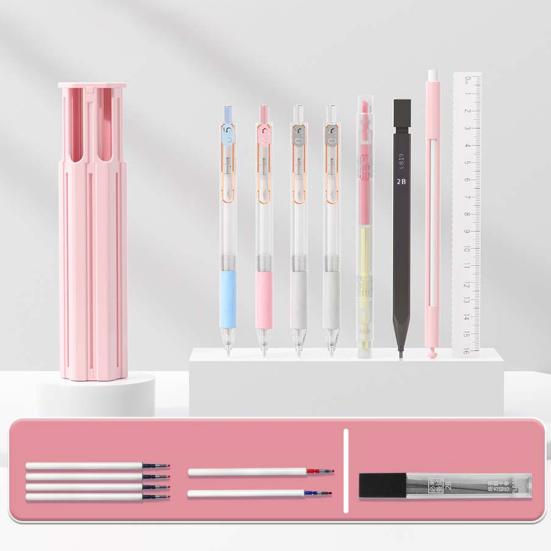 Pen Case Hexagonal Portable Pencils Gel Pens Box Easy Access Lid Card Slots Independent Pen Holder School Supplies