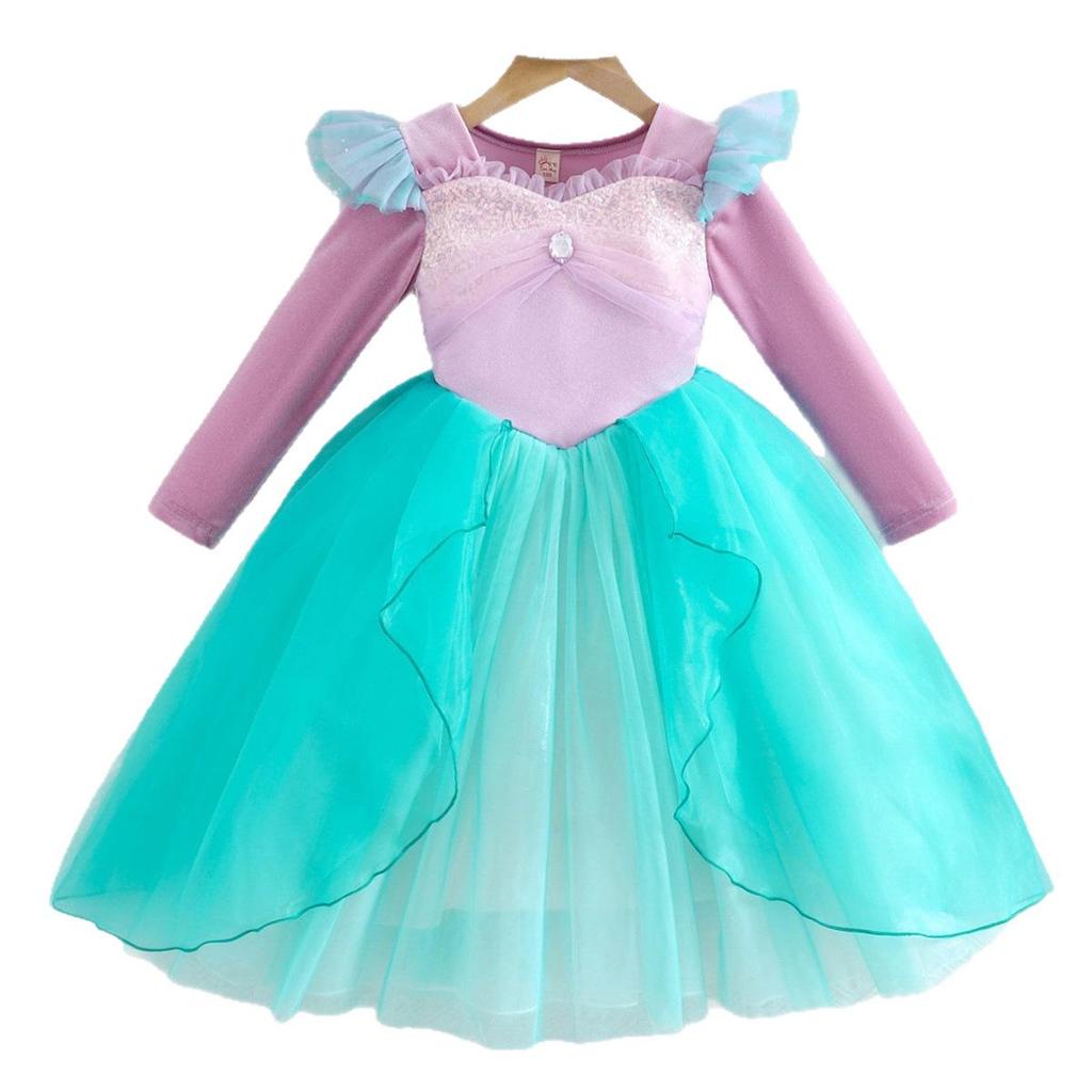 Girls' Mermaid Gem Princess Dress with Fly Sleeves - Long-Sleeved Christmas Party Attire for Autumn and Winter