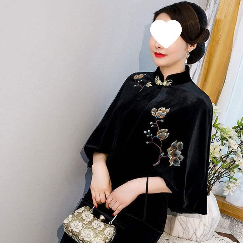 Elegant Women's Embroidered Gold Velvet Qipao Shawl Jacket Cape